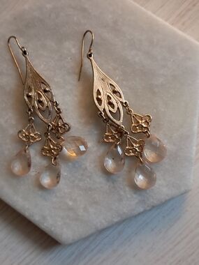 Gold Filigree Teardrop Dangle Earrings with Champagne Beads